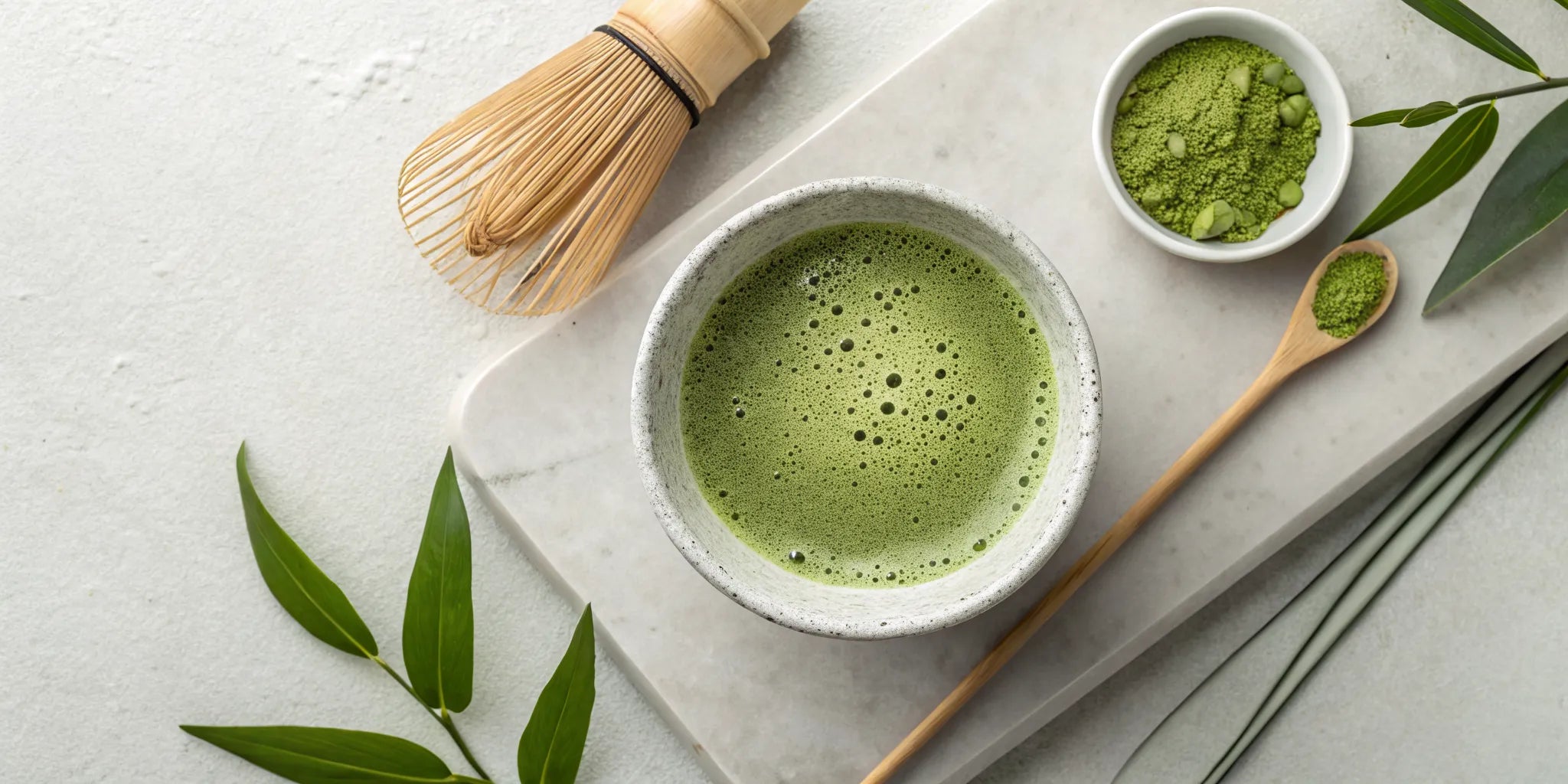 A bowl of bright green matcha tea with a bamboo whisk and fine powder.