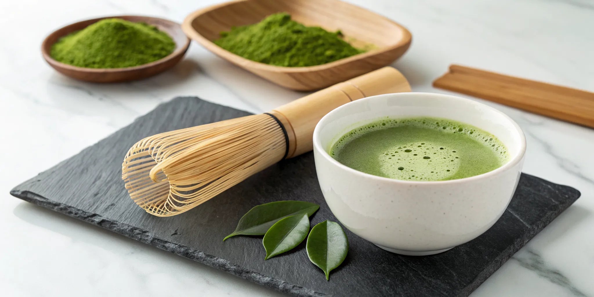A traditional matcha tea preparation with a bowl of green tea, a bamboo whisk, and powder.