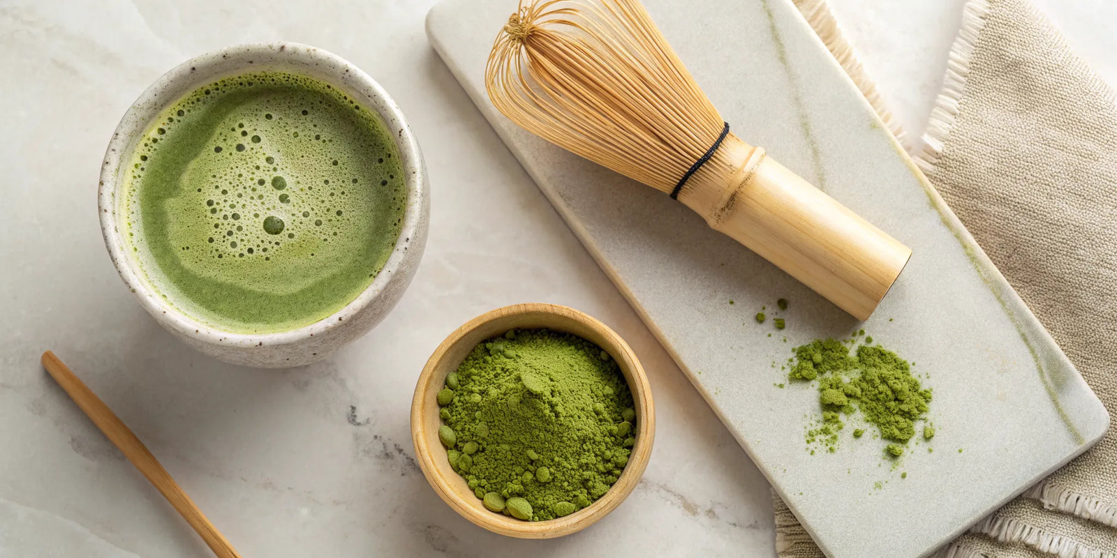 A bowl of matcha with traditional preparation tools, including a bamboo whisk and powder.
