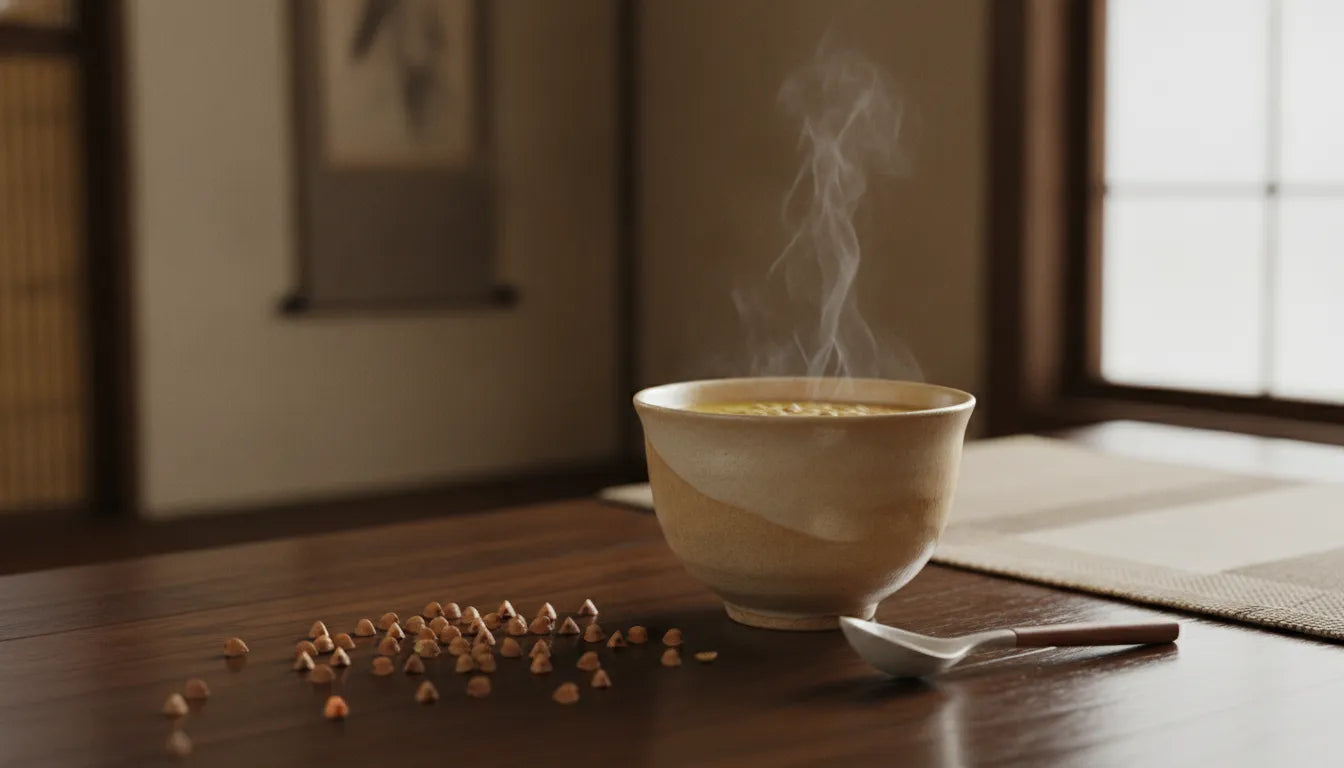 A warm cup of golden-amber sobacha Japanese buckwheat tea on a wooden table with roasted kernels nearby