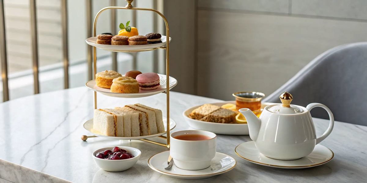Hosting your own tea time with a classic spread of sandwiches, sweets, and a pot of tea.