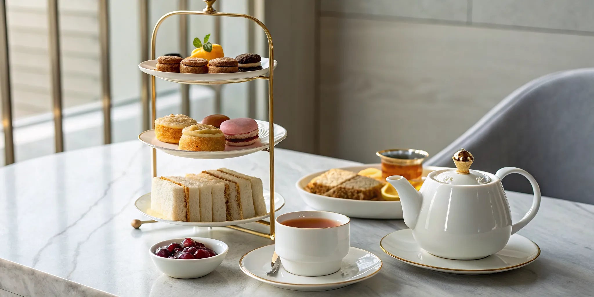 Hosting your own tea time with a classic spread of sandwiches, sweets, and a pot of tea.