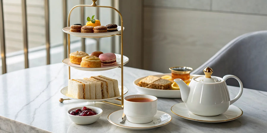 Hosting your own tea time with a classic spread of sandwiches, sweets, and a pot of tea.