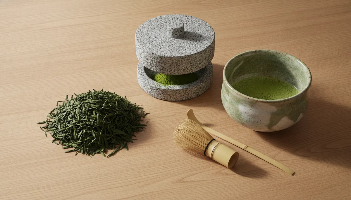 Tencha leaves beside a traditional matcha stone mill and tea bowl