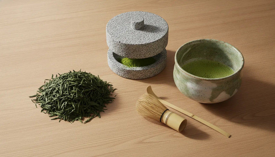 Tencha leaves beside a traditional matcha stone mill and tea bowl