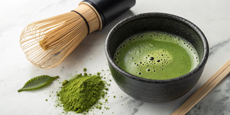 Ceremonial grade matcha in a black bowl with a bamboo whisk, next to vibrant green powder.