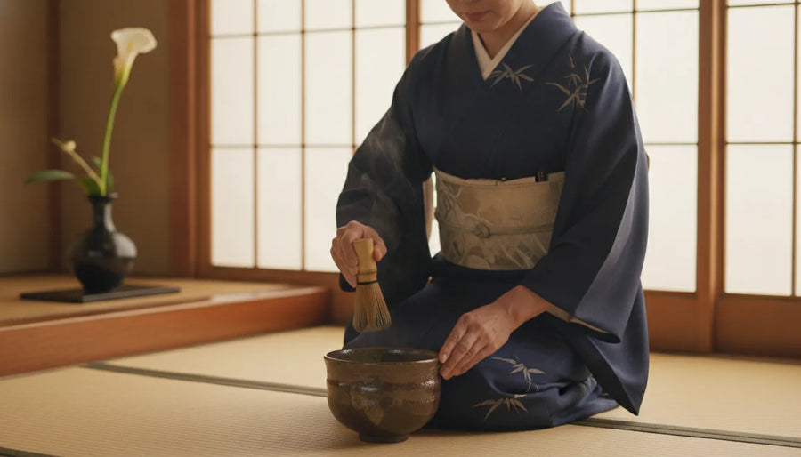 Japanese tea master preparing matcha at a tea ceremony class in NYC